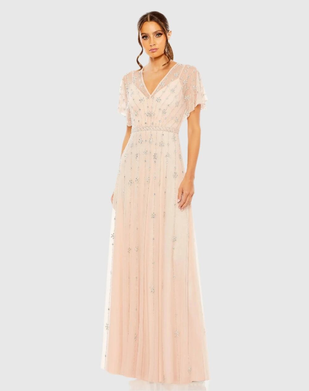 Mac Duggal Blush V Neck Embellished Flutter Sleeve A Line Formal Gown Size 10